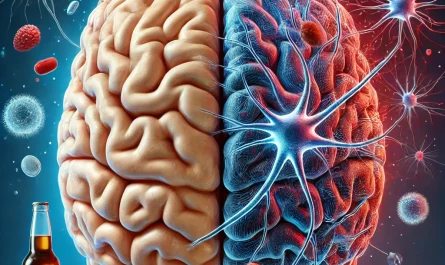 Illustration du cerveau humain montrant les effets de l’alcool : un côté en bonne santé et l’autre altéré par la consommation d’alcool.